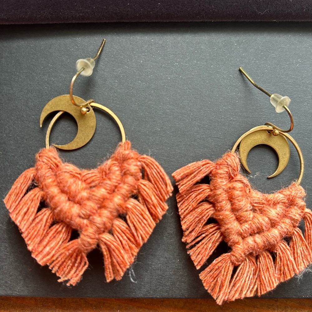 Orange macrame moon earrings